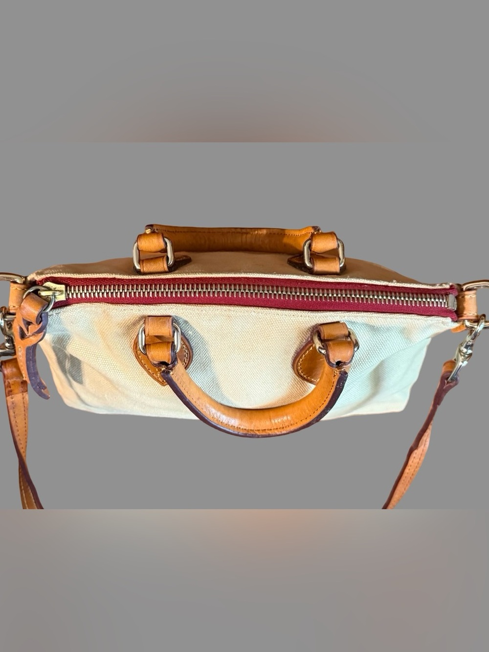 Vintage Dooney & Bourke Canvas & Leather Crossbody Satchel Bag – Cream / Tan - Picture 6 of 9